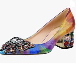 YDN Yellow Multi Pointed Toe Bow Pump Rhinestone Block Low Heel Butterfly Shoe